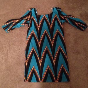 Teal and black chevron print dress