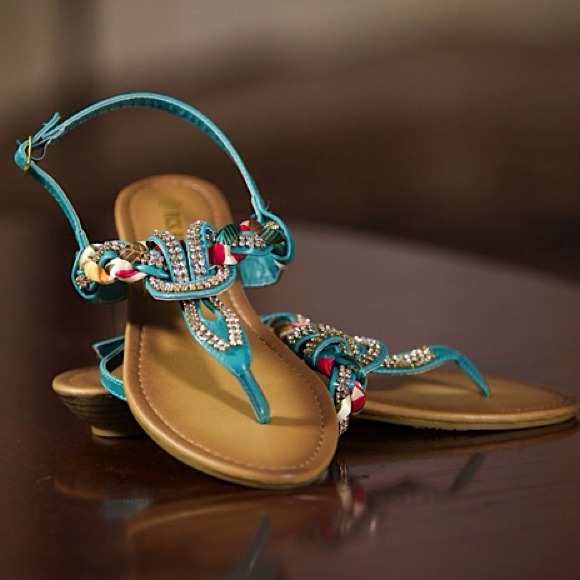 Turquoise sandals with braided sparkling top!