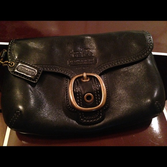 Coach Black Leather Wristlet w/ Tattersall Lining
