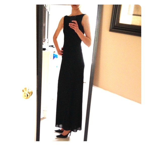 Cache long black dress.  Boatneck and open back!
