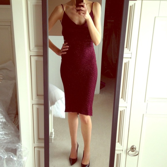 Sparkly maroon high low hem dress.