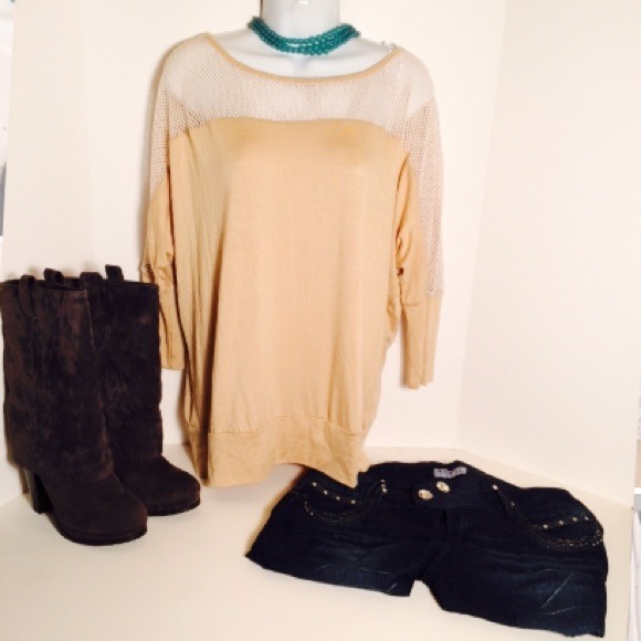 BEIGE NET TRIM DOLMAN TOP