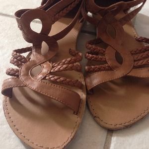 Camel color sandals with zipper back, size 6