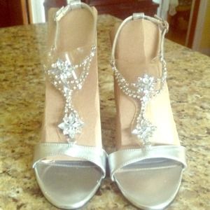 Silver Sandal Heels with Rhinestones