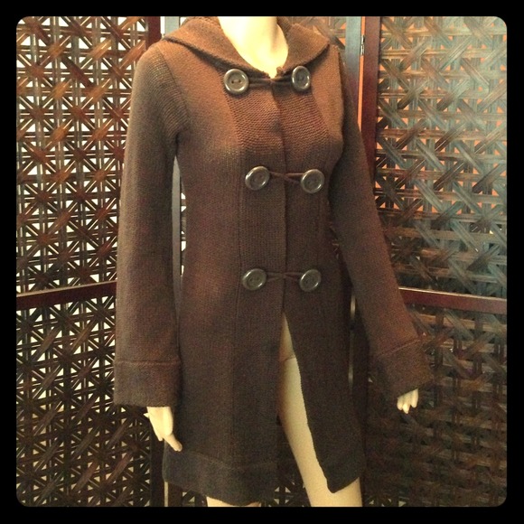 Brown sweater jacket w/ hood.