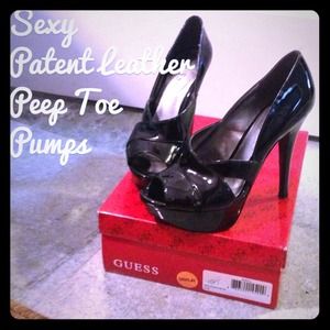 Black, patent leather, peep toe pumps