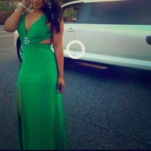 Long sexy emerald green dress.