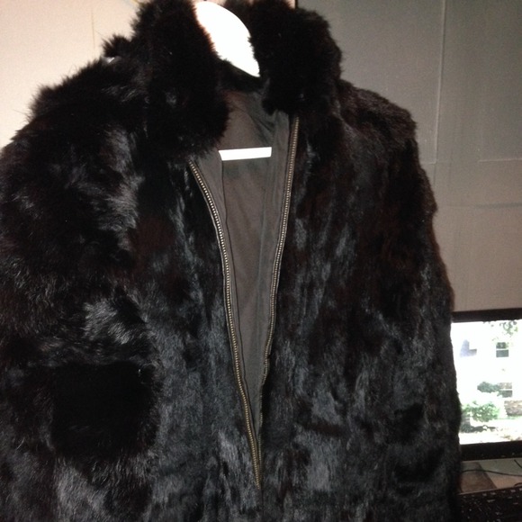 Black rabbit fur bomber jacket with removable hood
