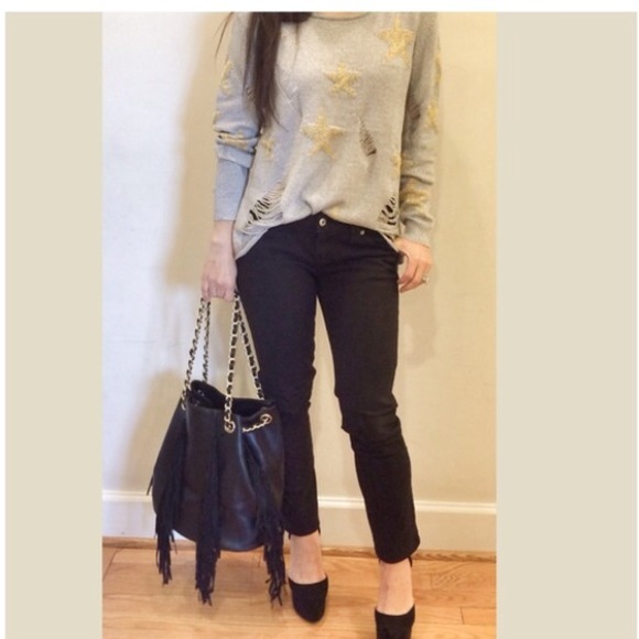 Chic shredded grey sweater w/gold stars LAST ONE - Picture 2 of 4