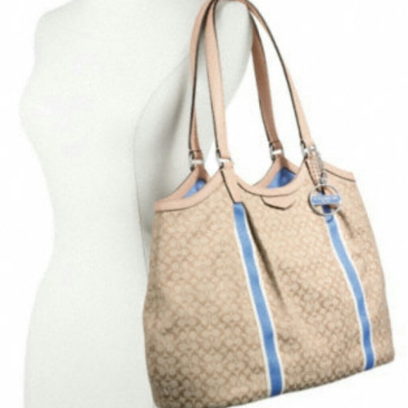 ♡♥Host Pick♥♡ Khaki / Baby Blue Coach Shoulder Bag - Picture 2 of 4