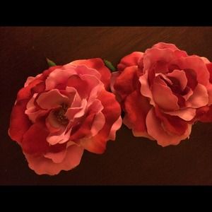 Two pink / orange large flower broaches