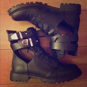 Black cut out ankle strap combat boots