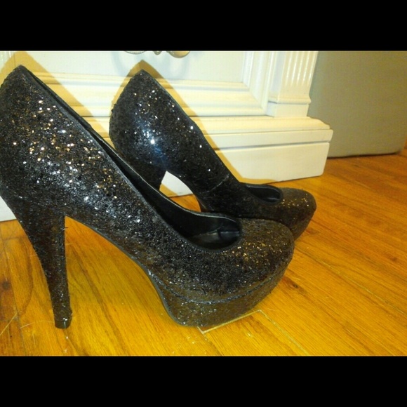 5 inch black glitter platform heels