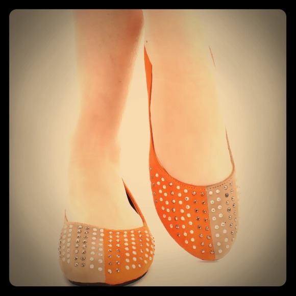 Orange and Tan 2 Tone Rhinestone  Ballet Flats