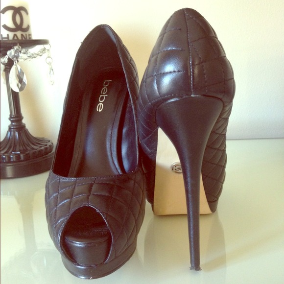Bebe peep toe black leather quilted pumps