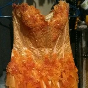 Strapless orenge and yellow prom/pageant dress