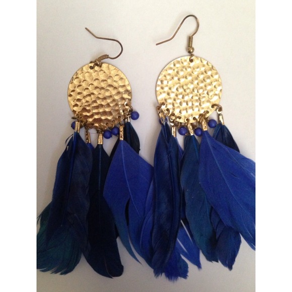 Gold & Blue feather earrings