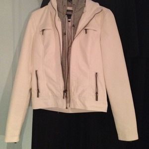 White and grey hooded leather jacket