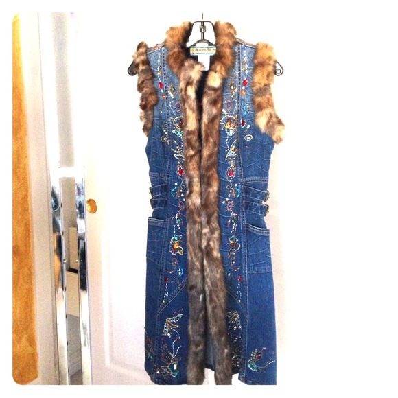 Allen B denim long vest w/ faux fur & jewel detail
