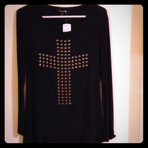 Long sleeve black blouse with gold embellishment.
