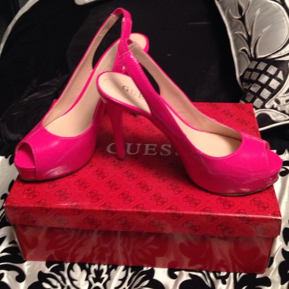 Guess hot pink strap peep toe stilettos!