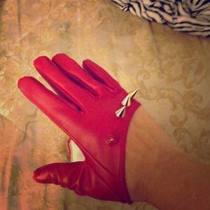 Gold spiked red leather half palm gloves