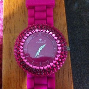 Hot pink silicone watch with pink stones