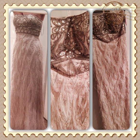 Sue Wong champagne strapless feather gown