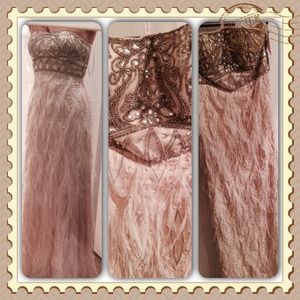 Sue Wong champagne strapless feather gown