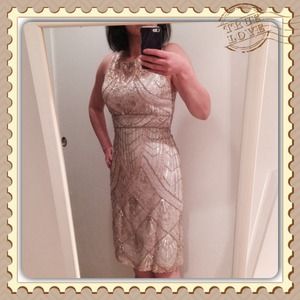 Sue Wong Art Deco Beaded silver & champagne dress