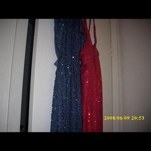 Blue beaded open back red sequined crisscross back