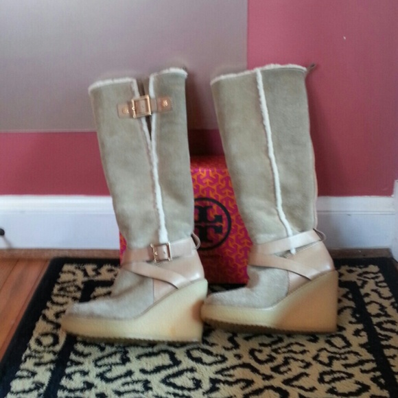 Tory Burch Tall Wedge Shearling Boots
