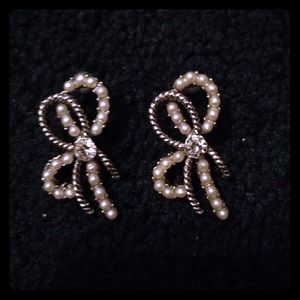 Silver and Pearl Bow Earrings