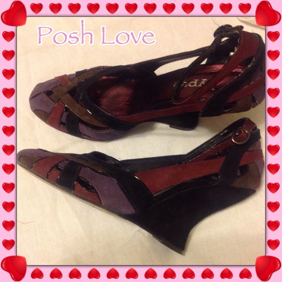 Purple & Black Suede Ankle Strap Wedges