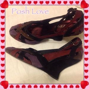 Purple & Black Suede Ankle Strap Wedges