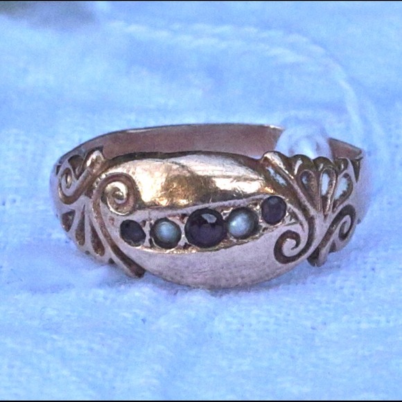 Jewelry - Victorian 9K Rose Gold, Ruby, and Seed Pearl Ring
