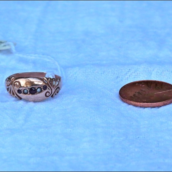 Victorian 9K Rose Gold, Ruby, and Seed Pearl Ring - Picture 2 of 4