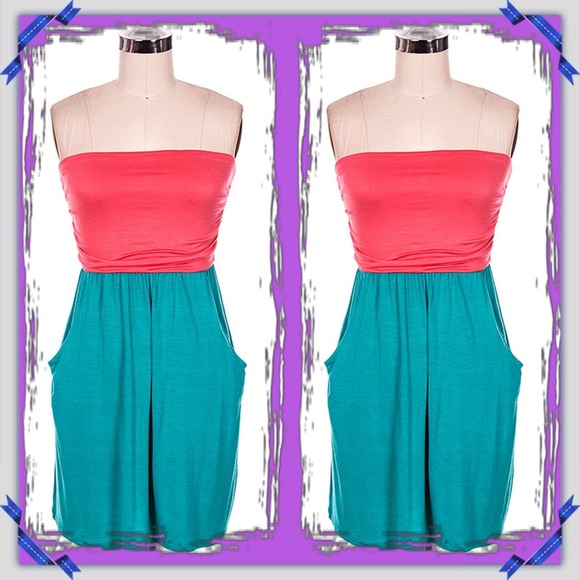 Coral and jade dress w/ pockets