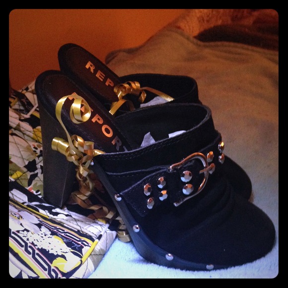 Report Black suede silver buckle clogs Sz 8