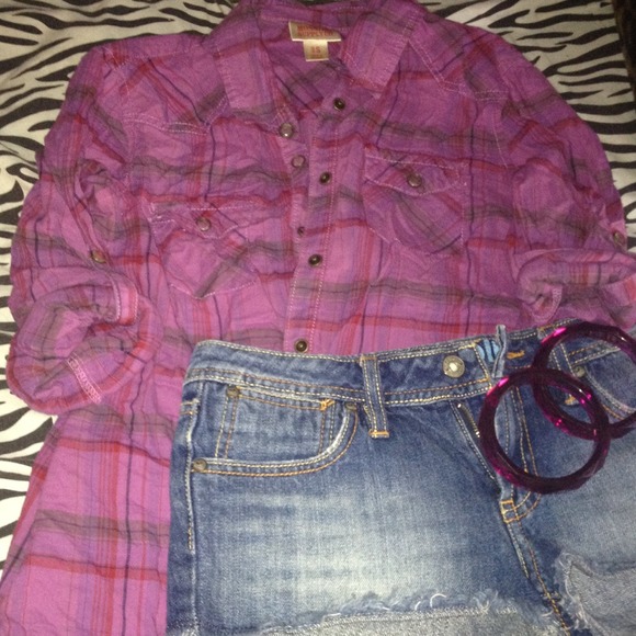 Purple plaid long sleeve shirt, & size 3 shorts