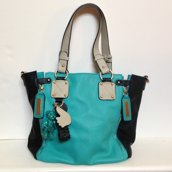 Teal and black tote bag