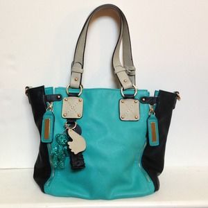 Teal and black tote bag
