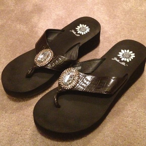 Yellow Box Wedge Brown Croc sandals