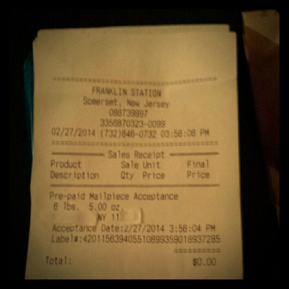 Samantha's Shipping Receipt