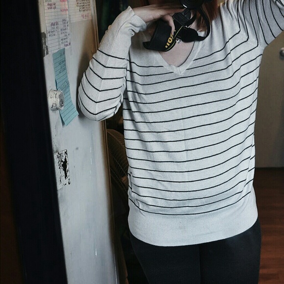White Sweater w/ Navy Blue Stripes