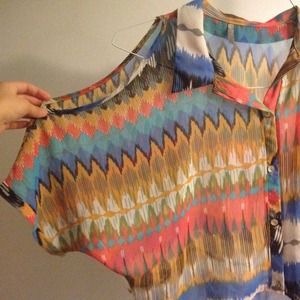 Colorful button up open shoulder blouse