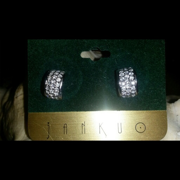 Jankuo Pave Rhinestine Earrings, Vintage, Half Hoop, New Silvertone 1/2" L