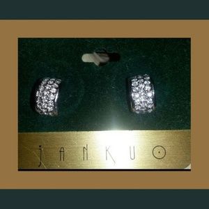 Jankuo Pave Rhinestine Earrings, Vintage, Half Hoop, New Silvertone 1/2" L