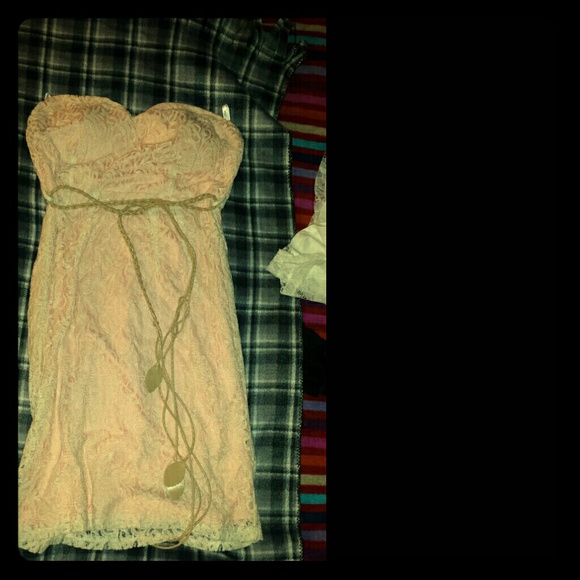 Peachy pink lace dress with beige waist belt