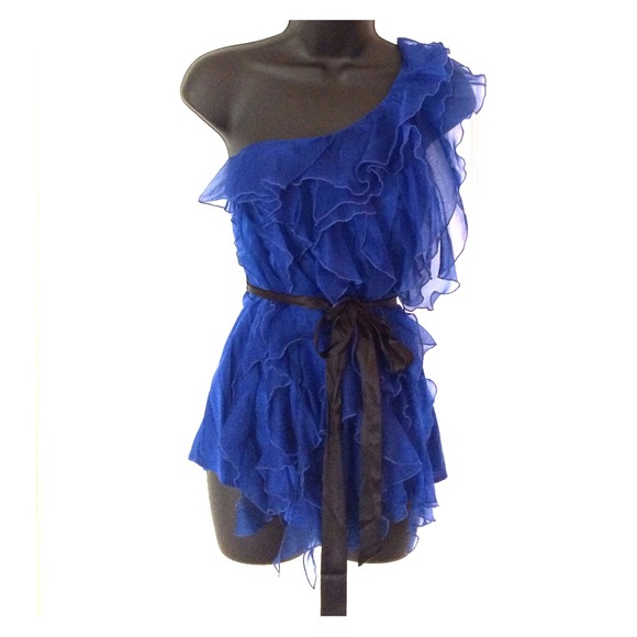 Bebe blue one-shoulder ruffle shirt
